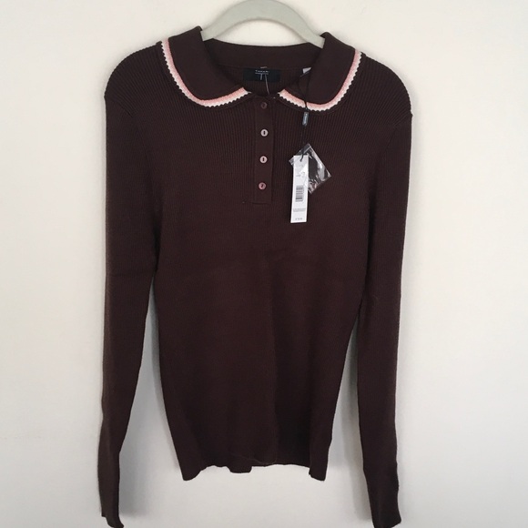 T Tahari Tops - Long-Sleeve Ribbed Polo Top with Contrast Collar - Brown